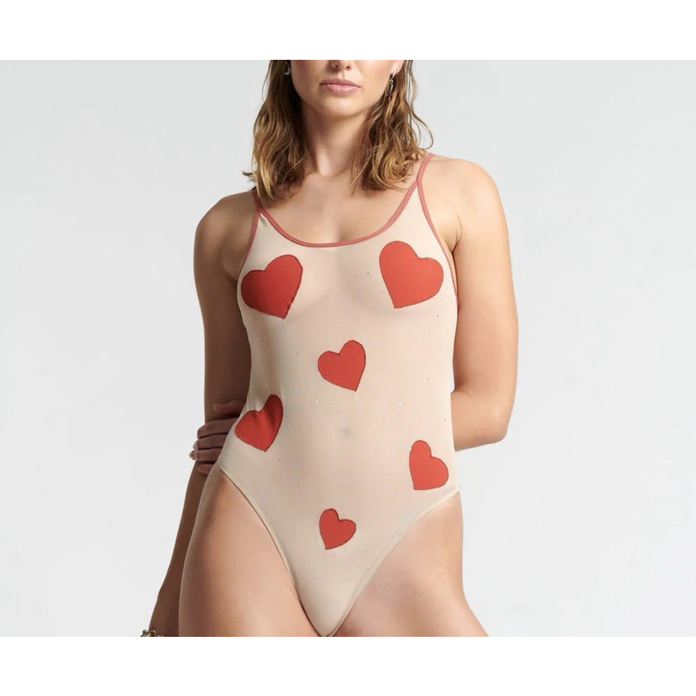 One Teaspoon Heartbreaker Bodysuit Womens Size XS nude And Red Mesh $100